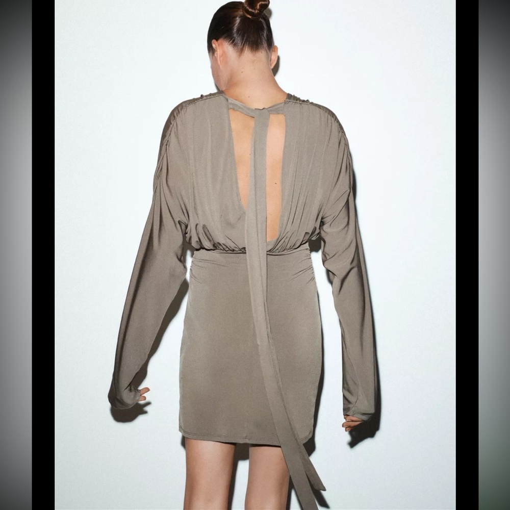 Zara limited edition voluminous Taupe Long-Sleeve Dress with back tie - Picture 6 of 14